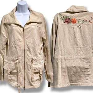 ACACIA Embroidered Back Zip Front Jacket Oatmeal Women’s Size Large